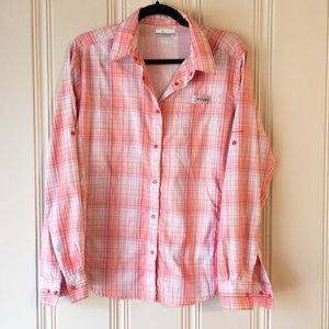 Columbia Omni -Shade Orange/Pink  PFG Performance Fishing Gear Shirt Size L